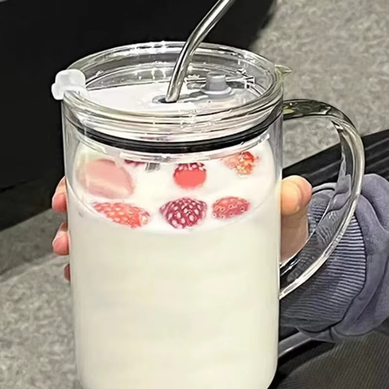 1000ML Drinking Glass Tumbler with Lid and Straw Glass Coffee Cup Transparent Cup Juice Mocha Cups Glass Mug Milk Juice Cup