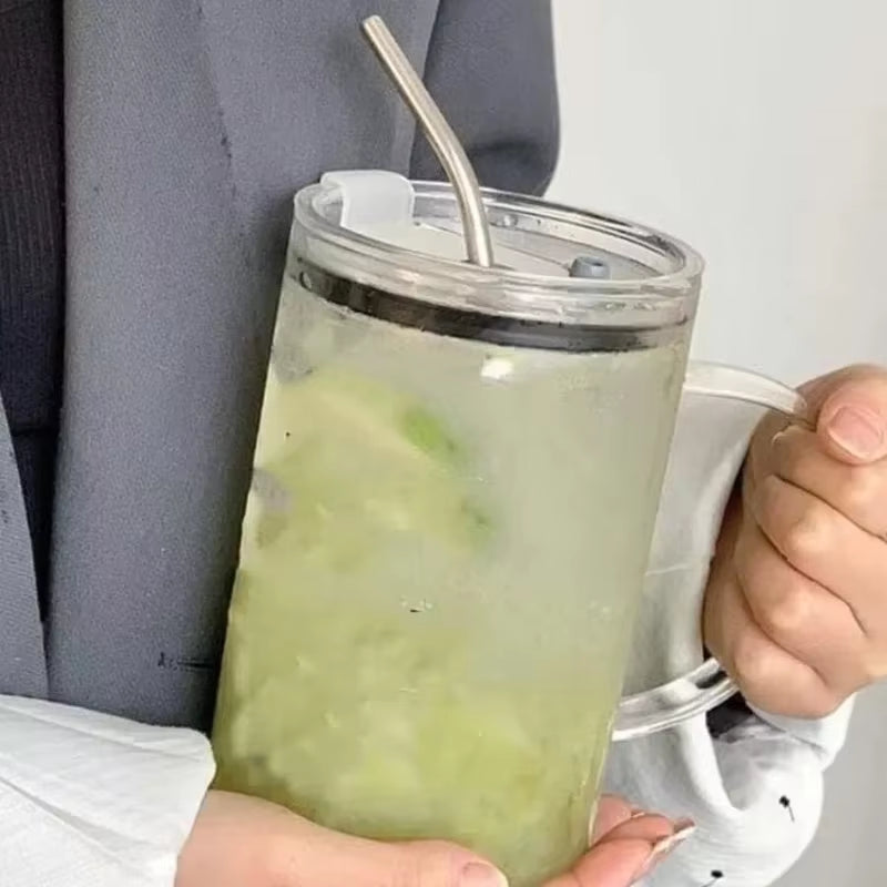 1000ML Drinking Glass Tumbler with Lid and Straw Glass Coffee Cup Transparent Cup Juice Mocha Cups Glass Mug Milk Juice Cup