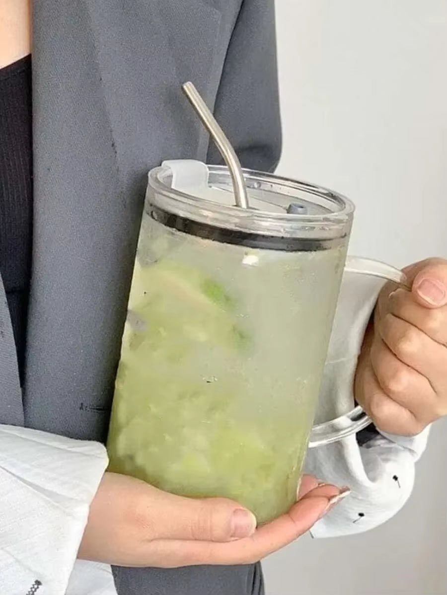 1000ML Drinking Glass Tumbler with Lid and Straw Glass Coffee Cup Transparent Cup Juice Mocha Cups Glass Mug Milk Juice Cup