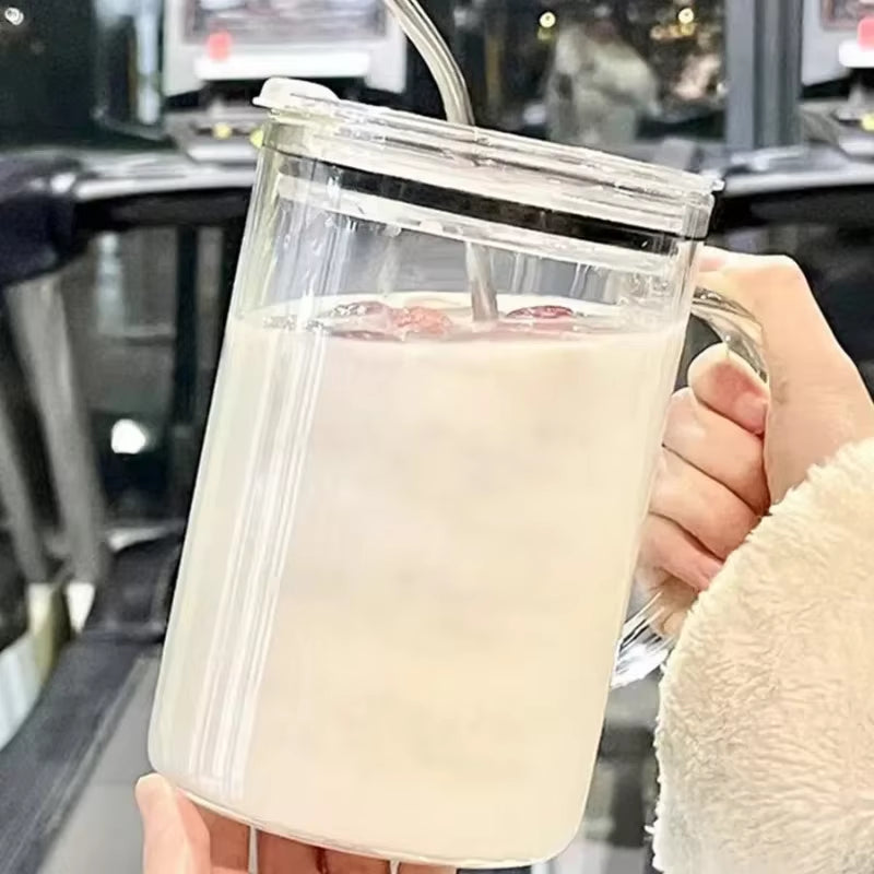 1000ML Drinking Glass Tumbler with Lid and Straw Glass Coffee Cup Transparent Cup Juice Mocha Cups Glass Mug Milk Juice Cup